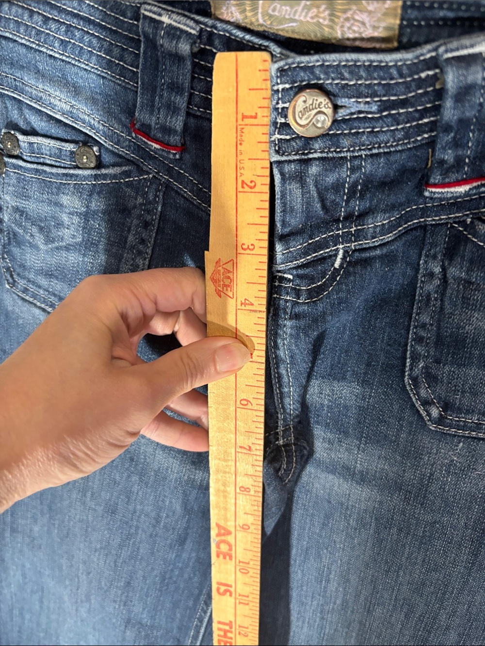 Vtg Candie's Y2K Wide-Leg Denim Capri Jeans 1 Multi Stitch Patch Pocket Coulotte - Picture 7 of 12